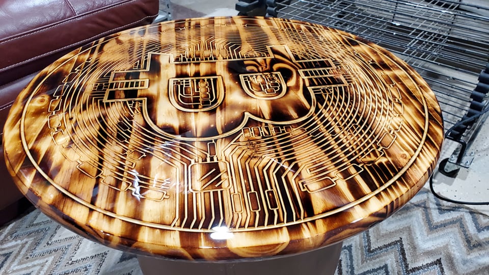 Burned Bitcoin Pine Round with Epoxy Finish