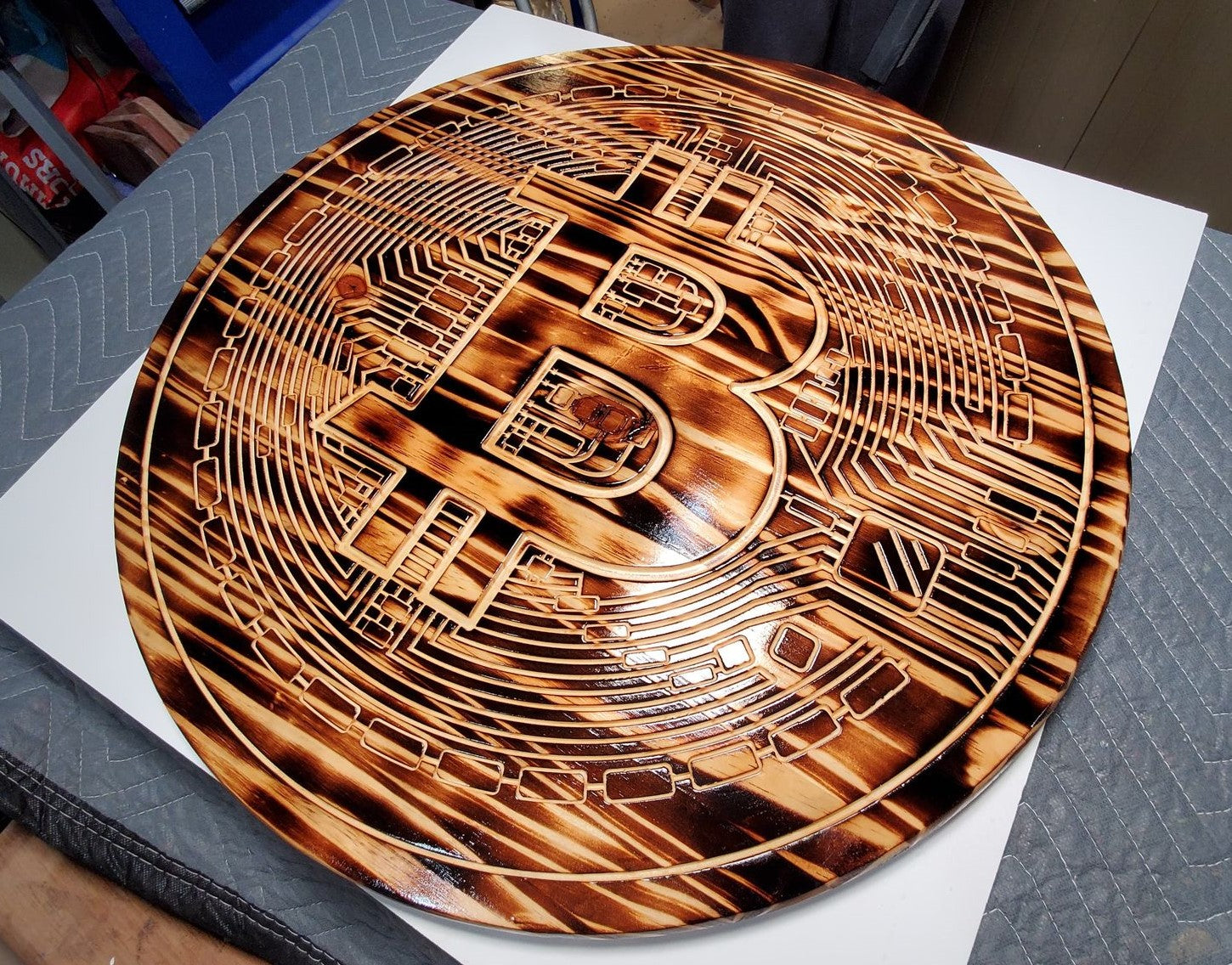 Burned Bitcoin Pine Round with Shellac Finish