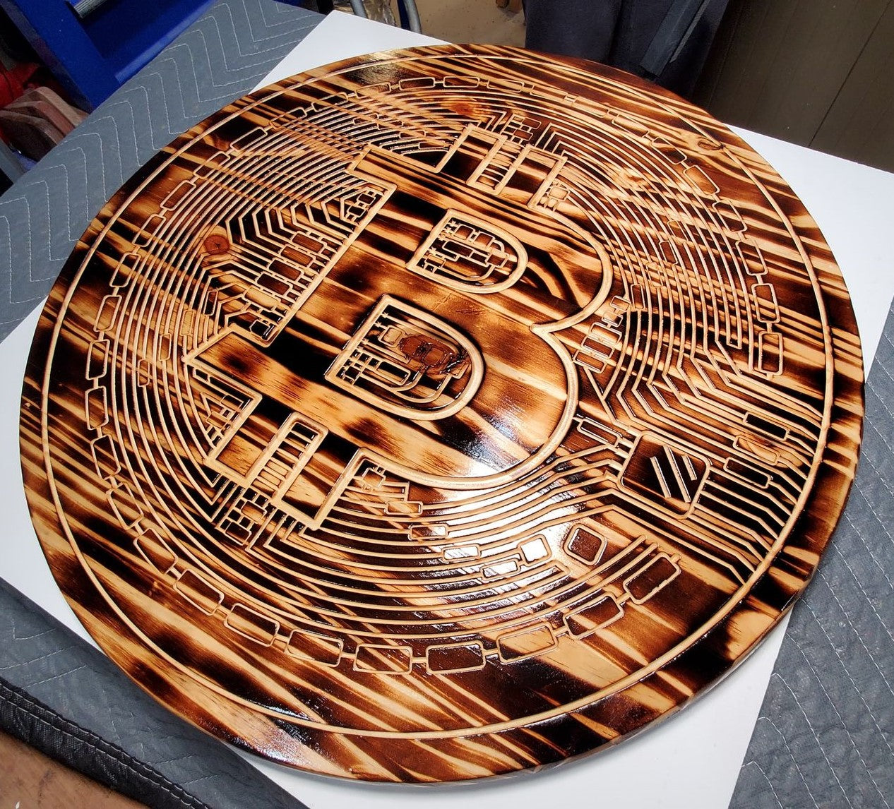 Burned Bitcoin Pine Round with Shellac Finish