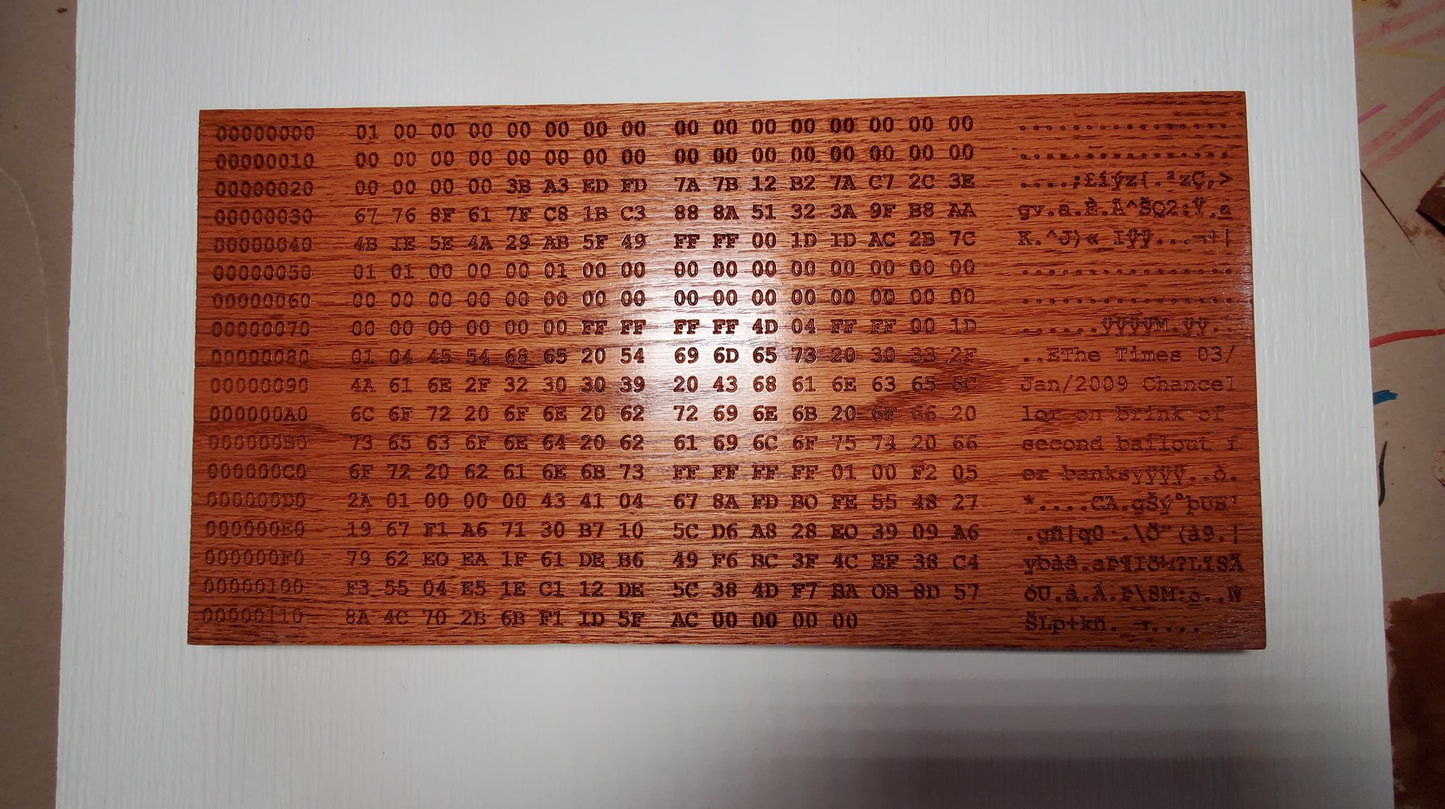 Bitcoin Genesis Block Carving / Natural wood / Black Paint