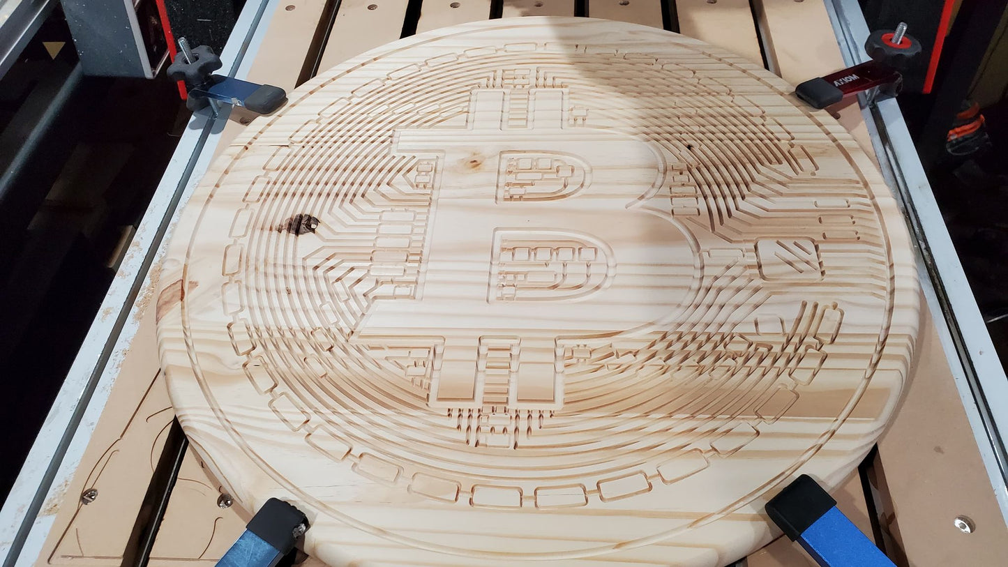 8"- 24" Burned Bitcoin Pine Round Shellac Finish with Custom Wordings ("Satoshi Nakamoto" - "Everything Divided by 21 Million" - "Carved @ Block Height 755,555" on the back)