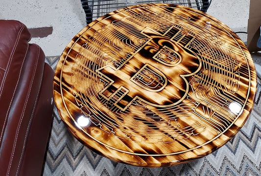 Burned Bitcoin Pine Round with Epoxy Finish
