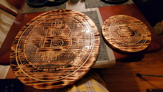 8"- 24" Burned Bitcoin Pine Round Shellac Finish with Custom Wordings ("Satoshi Nakamoto" - "Everything Divided by 21 Million" - "Carved @ Block Height 755,555" on the back)