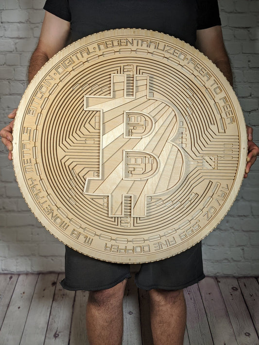 Bitcoin Logo Wooden Wall Art Multilayer Panel Laser Cut (Birchwood) 24" Round
