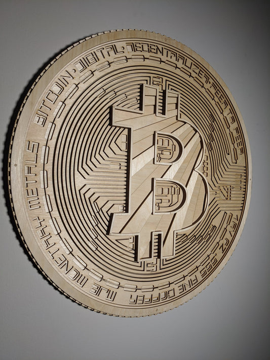 Bitcoin Logo Wooden Wall Art Multilayer Panel Laser Cut (Birchwood) 24" Round